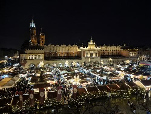 City of Krakow from a distance with Christmas lights.